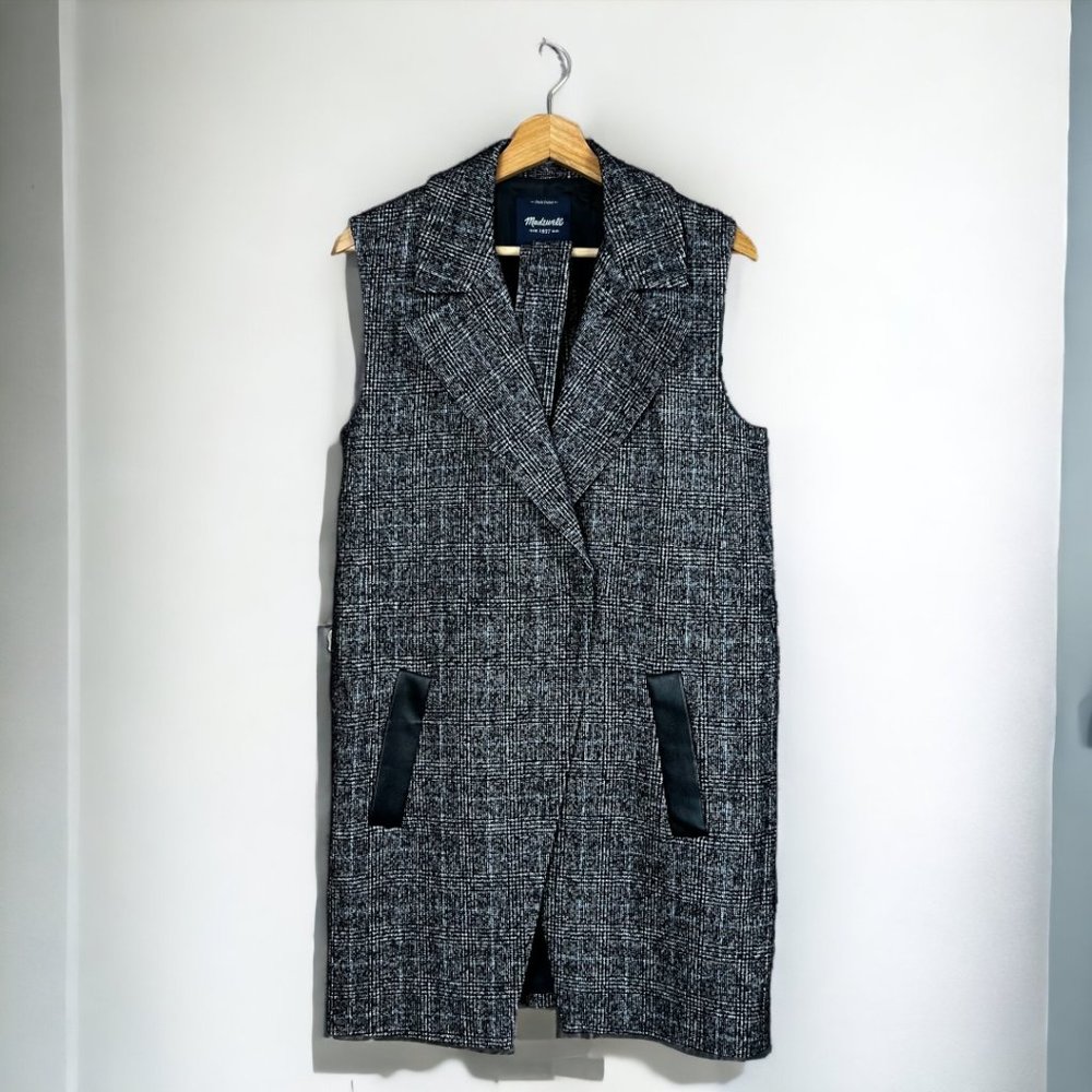Madewell Black & White Tweed Wool Sleeveless Vest Snap Front Cinch Waist w/ Belt